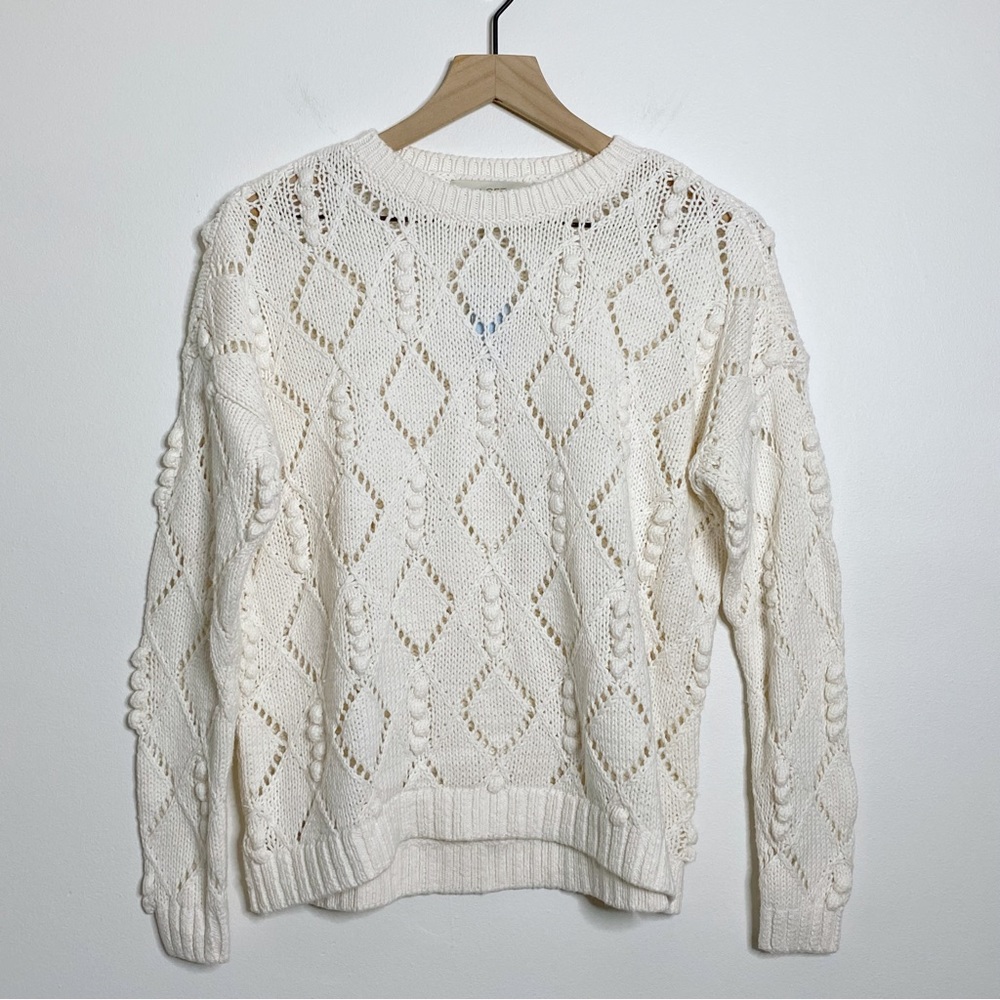 Loft Cream Pointelle Bobble Long Sleeve Pullover Sweater Petite Medium